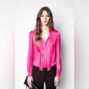 ✨RARE ZADIG & VOLTAIRE NWT Taos Satin Tie Neck Top in Pink Party—S